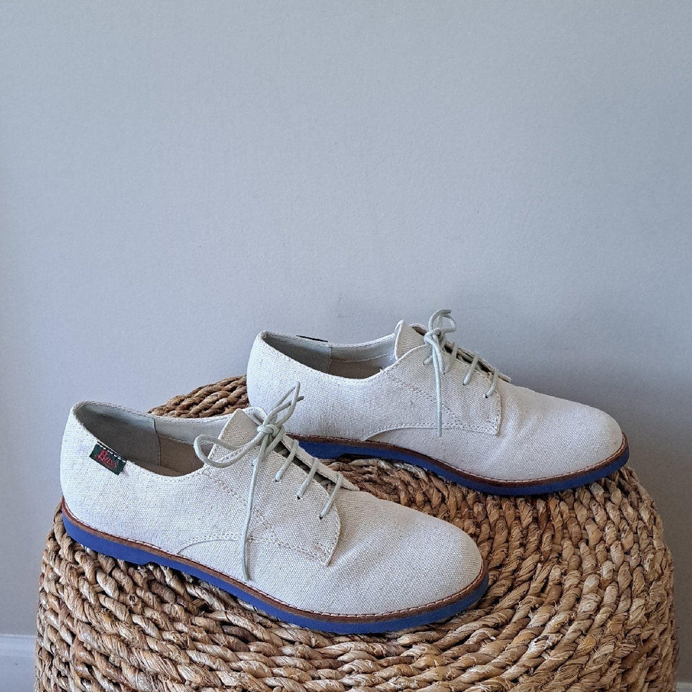 G.H. Bass Womens Ellyknat Preppy Beige Linen Oxford‎ Lace-Up Shoes Blue Soles 9